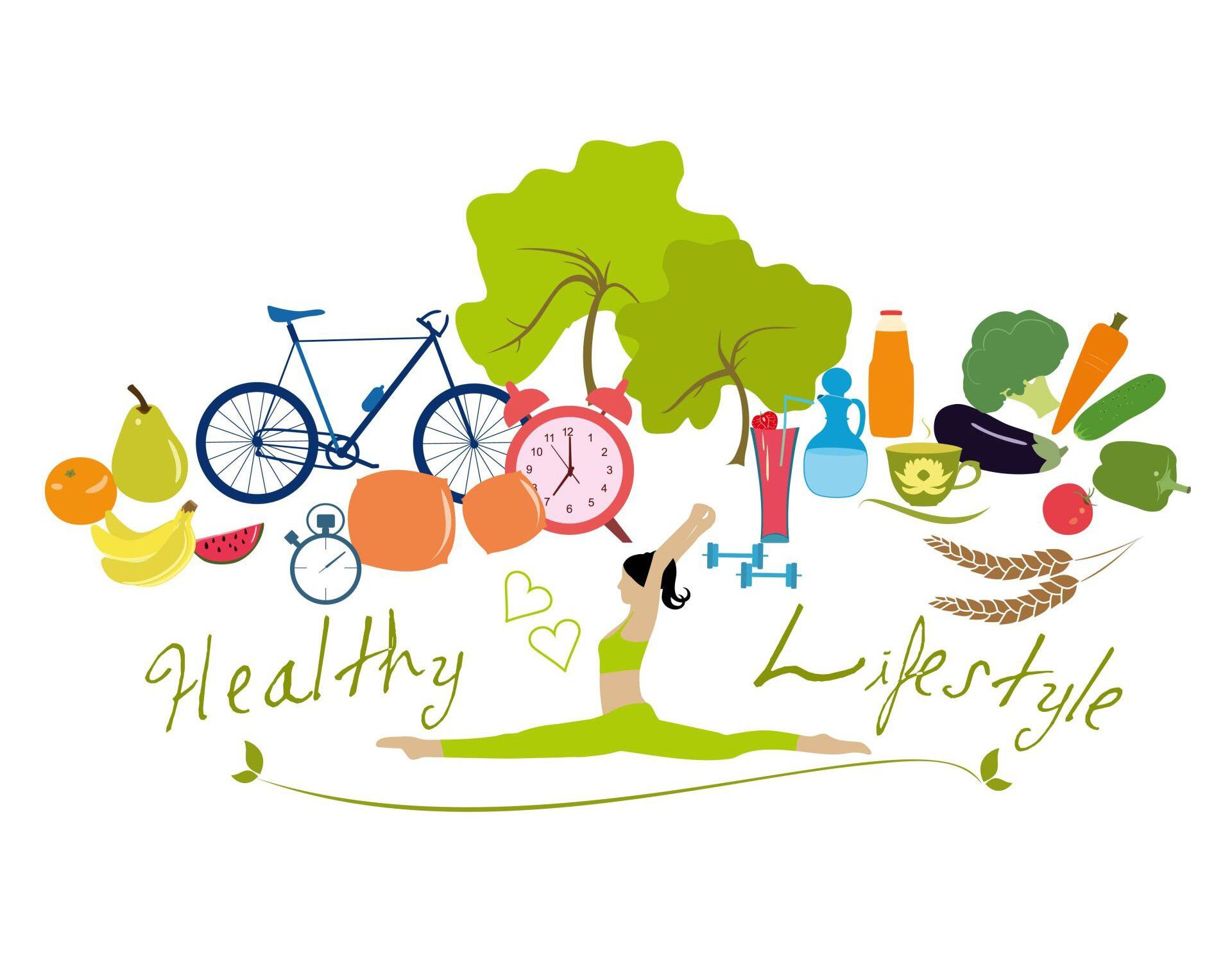 Woman doing a split surrounded by healthy food, exercise equipment, and trees, promoting a healthy lifestyle.