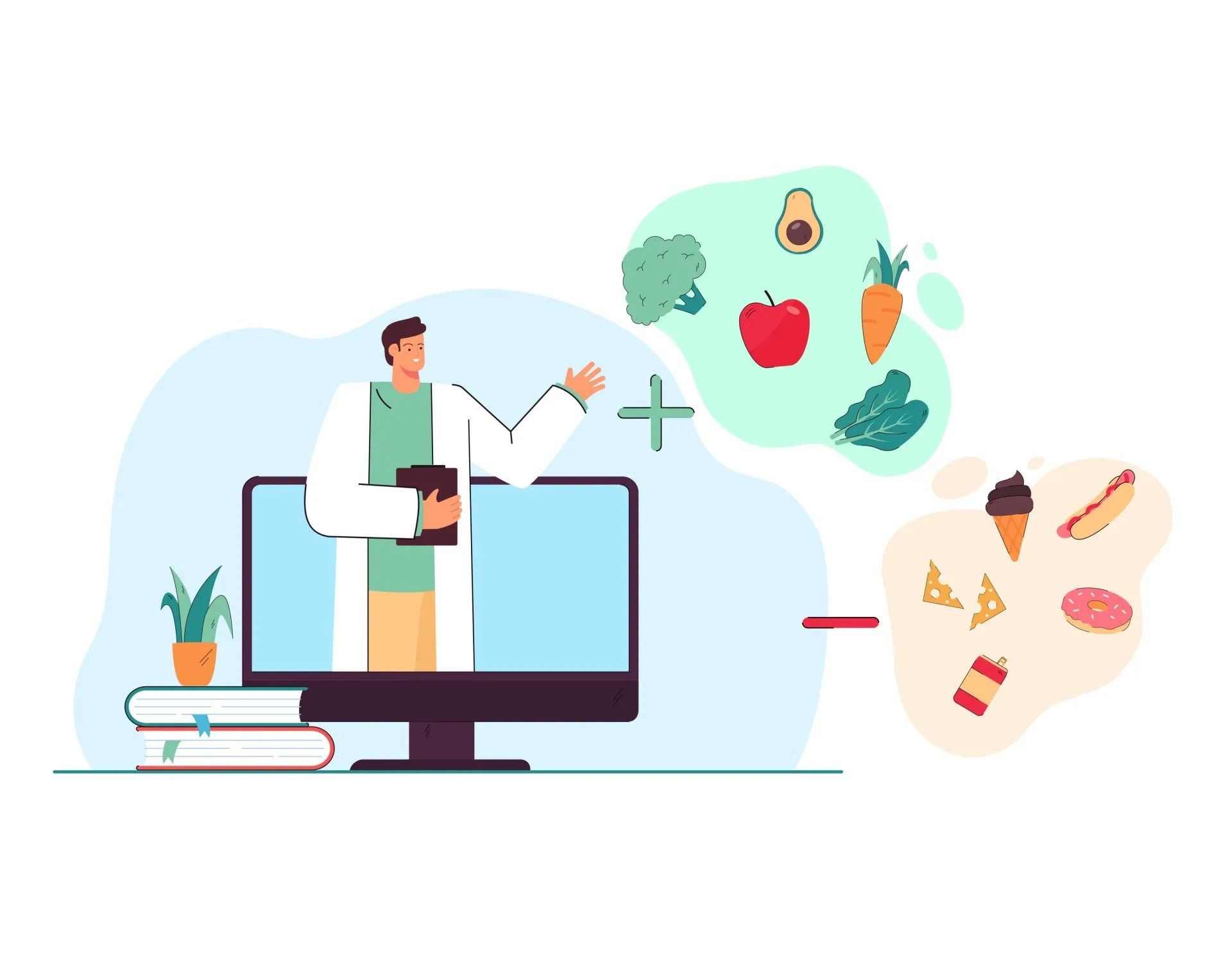Doctor on computer screen advises healthy food choices; adding fruits and vegetables, subtracting junk food.