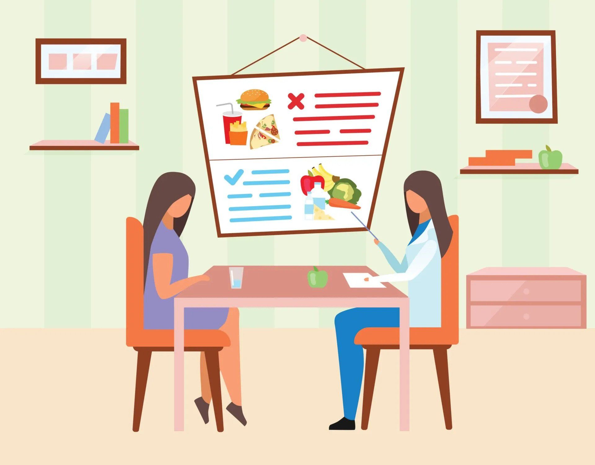 A dietitian points to a food chart while consulting with a patient at a table in a room.