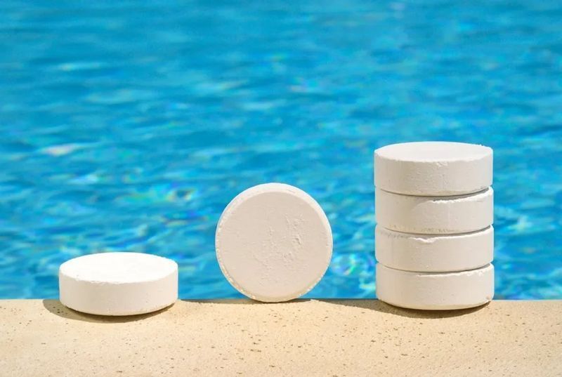 A stack of chlorine tablets sitting on the edge of a swimming pool.