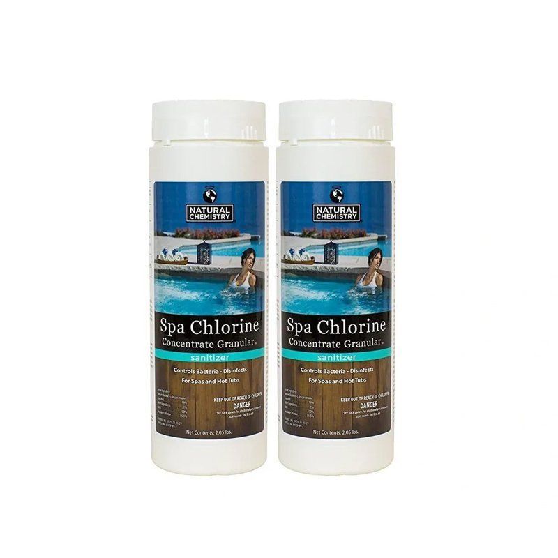 Two bottles of spa chlorine on a white background.