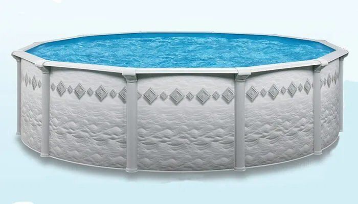 A white swimming pool filled with blue water on a blue background.