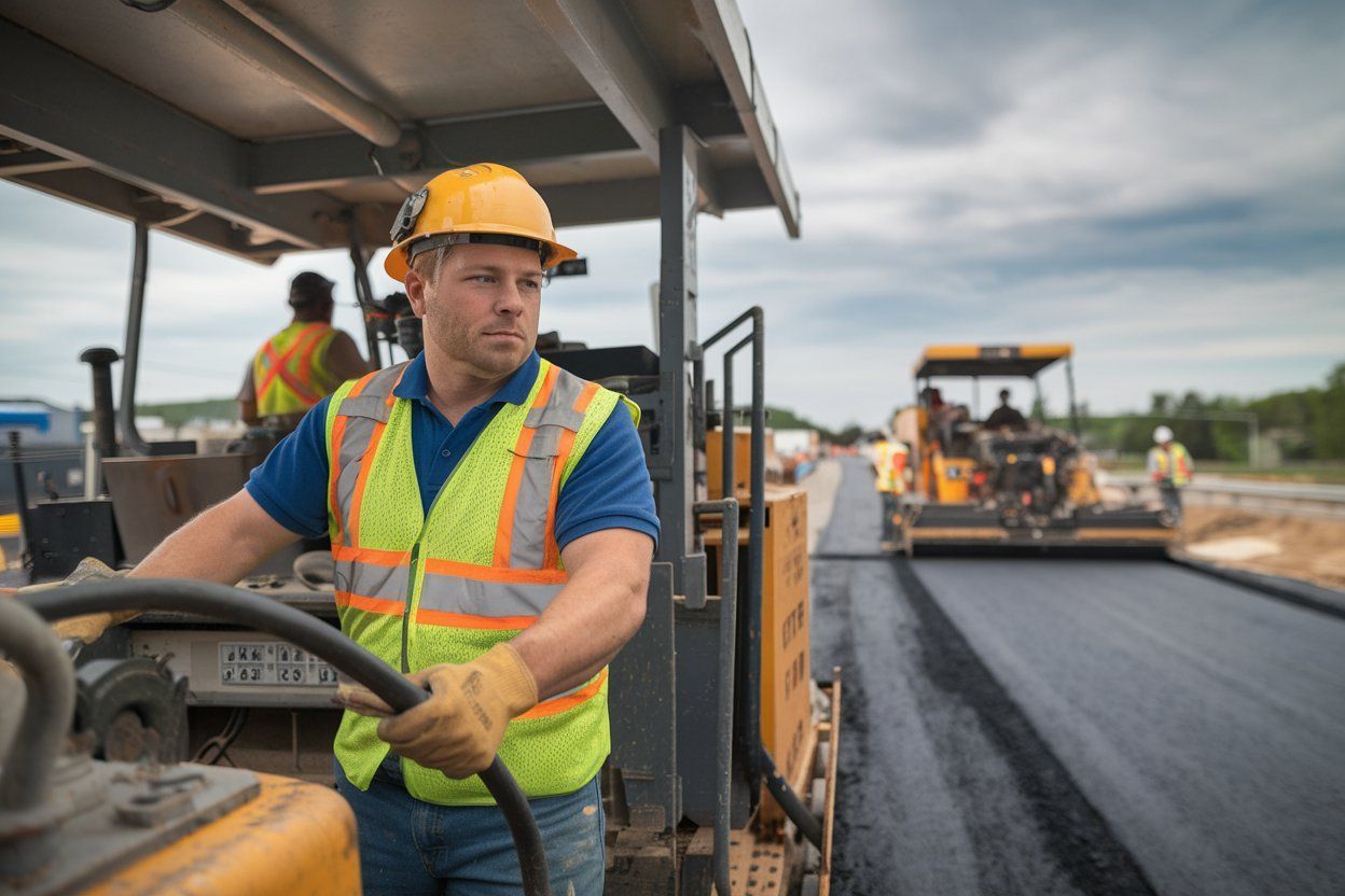 A construction worker is driving a machine on a road.