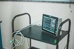 A digital medical monitor on a black rolling cart in a clinical setting, displaying heart rate and oxygen saturation.