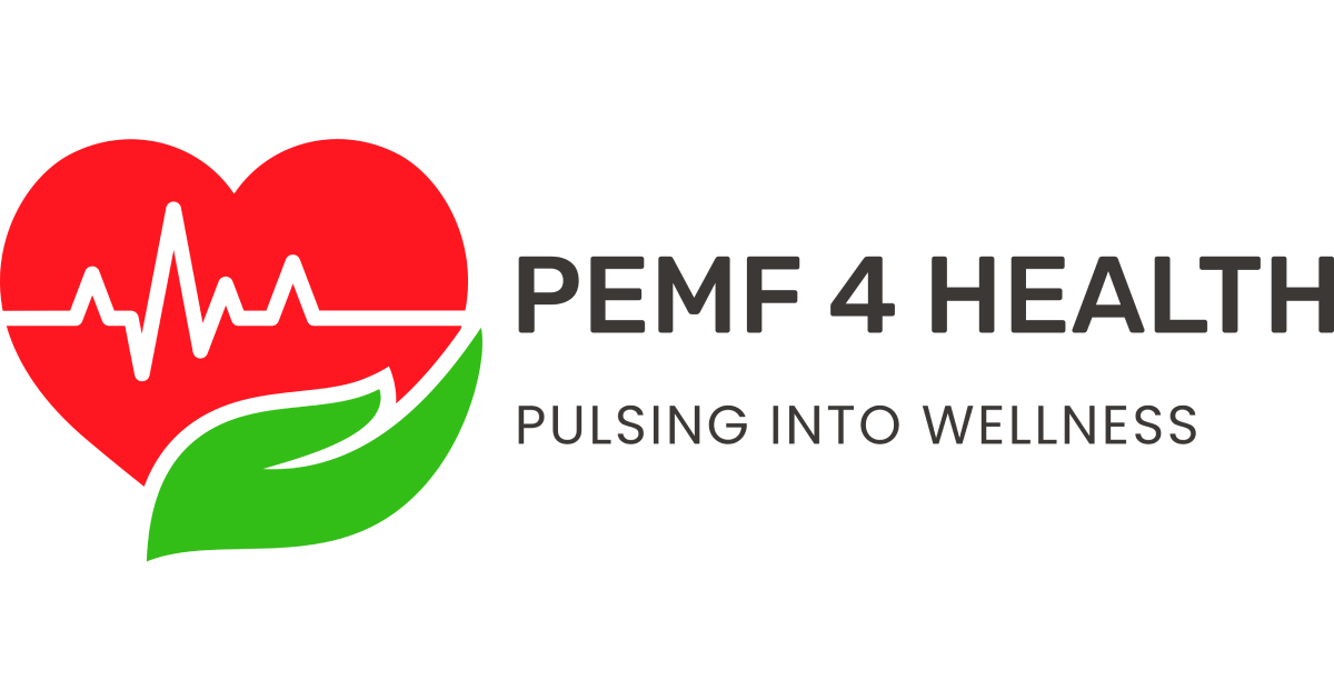 Logo for PEMF 4 HEALTH showing a red heart with a white heartbeat line, cradled by a green hand, text 