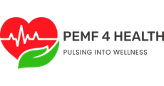 Logo for PEMF 4 HEALTH showing a red heart with a white heartbeat line, cradled by a green hand, text 