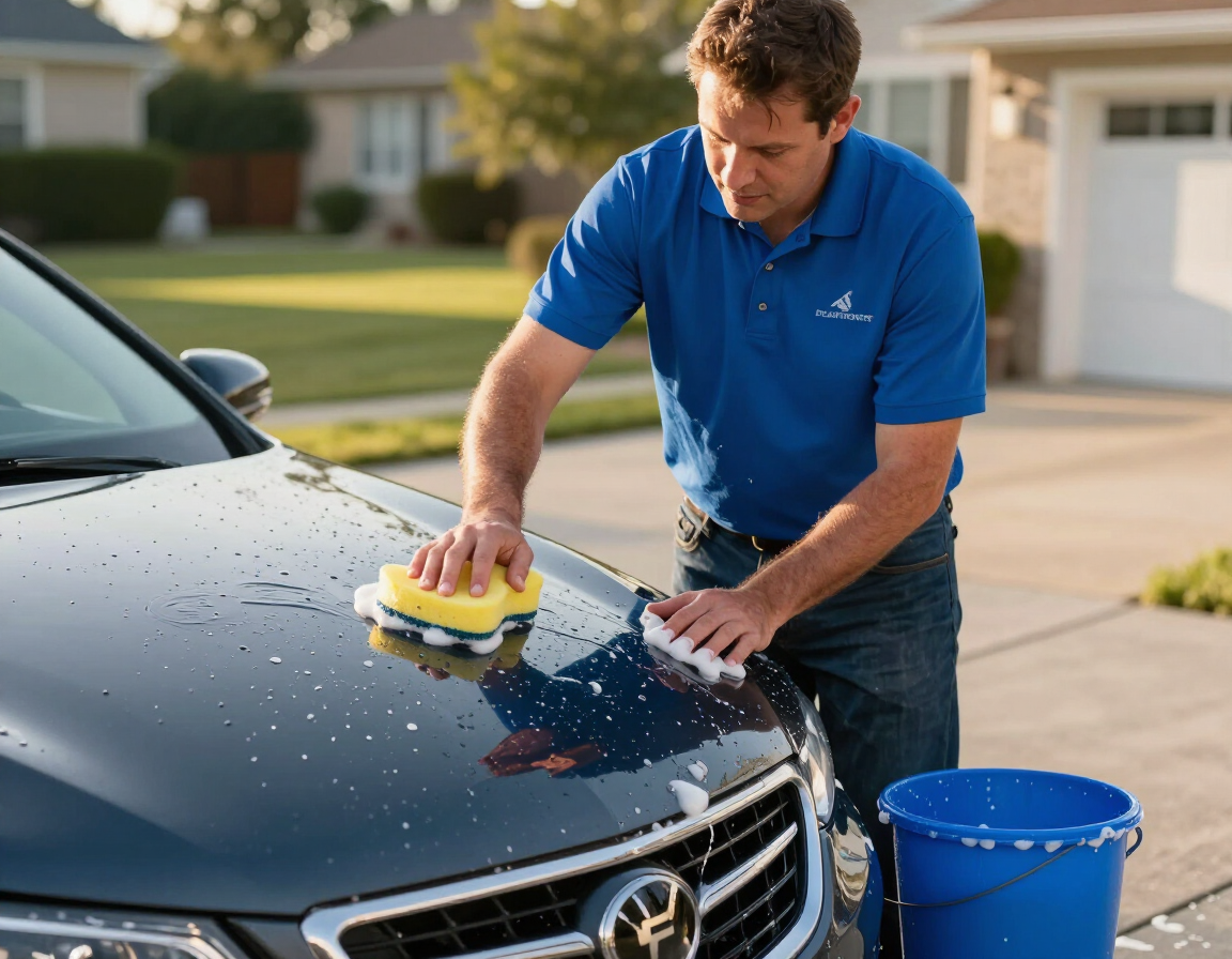 Technician hand-washing a dark sedan in a driveway