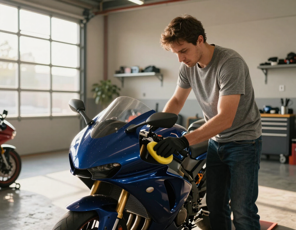 Technician buffing a motorcycle fairing in a garage bay
