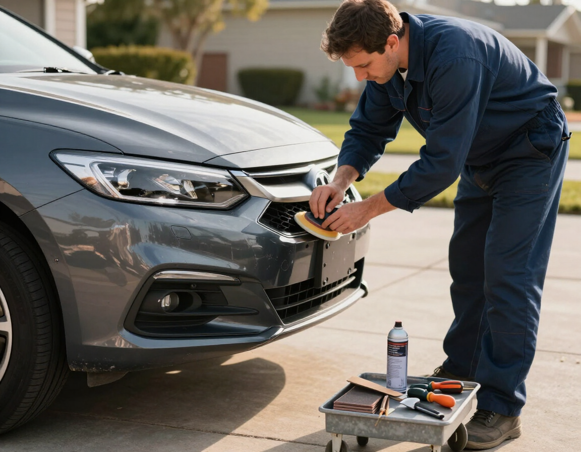 Technician sanding and prepping a scuffed front bumper
