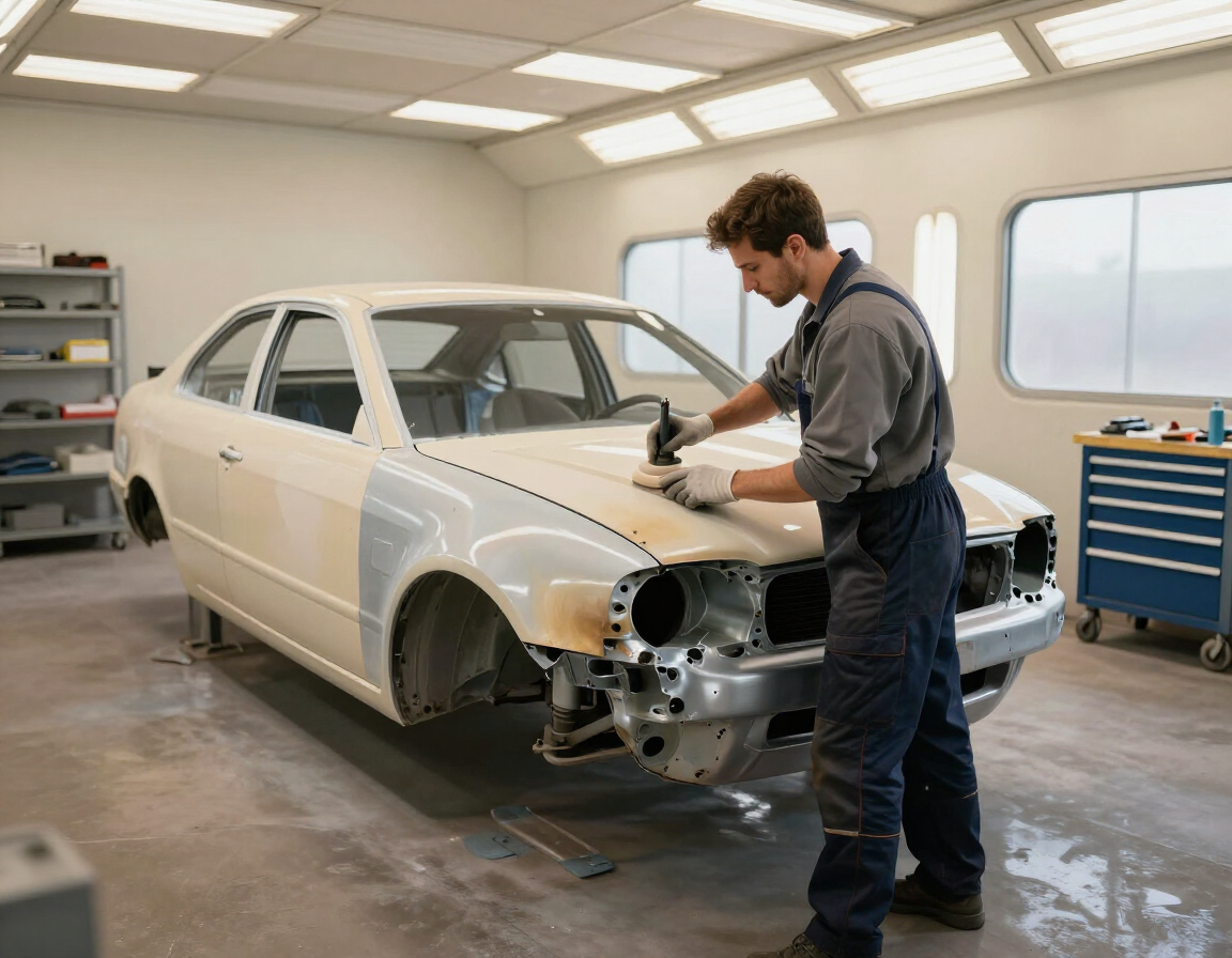 Technician sanding and prepping a damaged car panel in a body shop bay