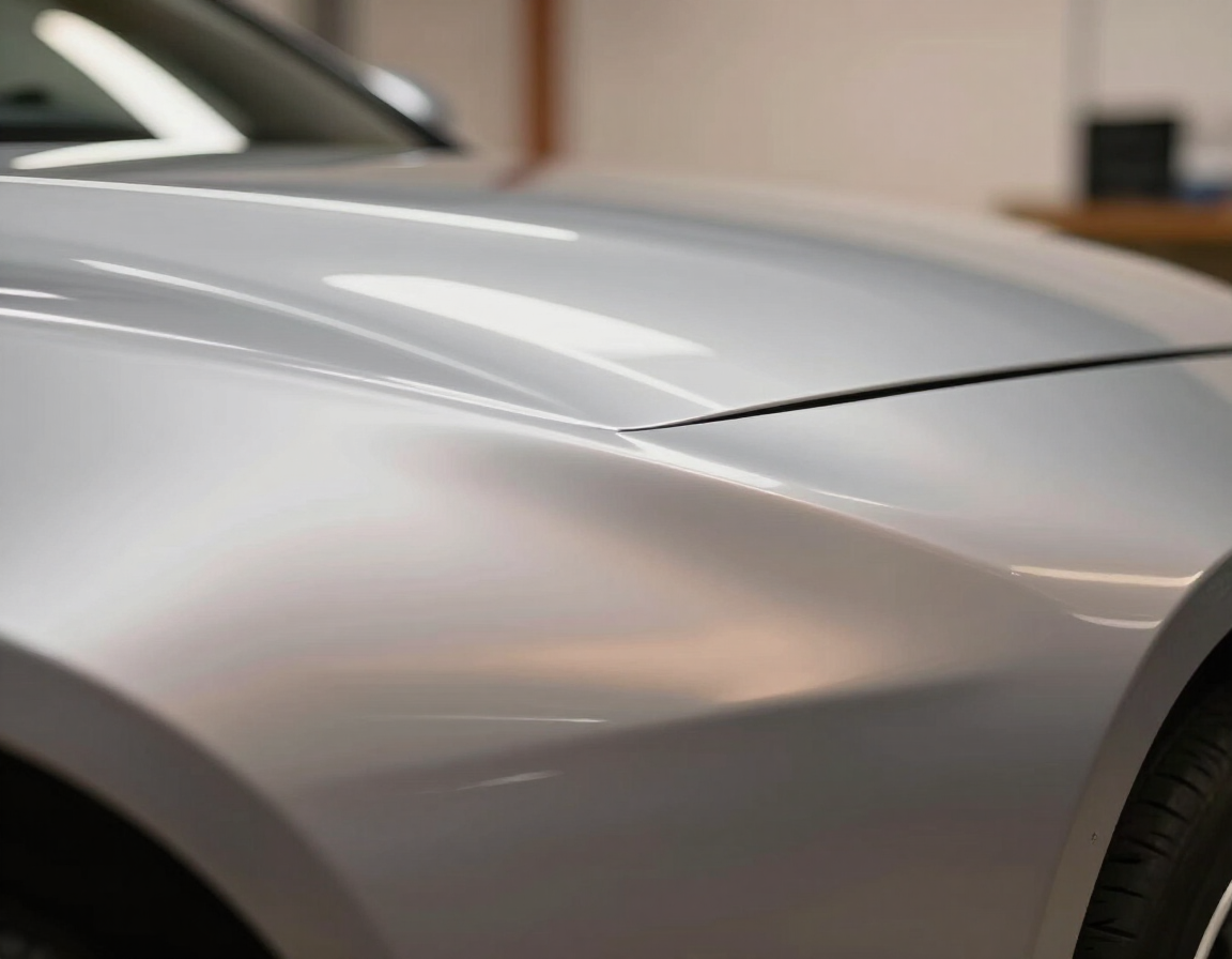 Close-up of a freshly painted car panel with an even finish