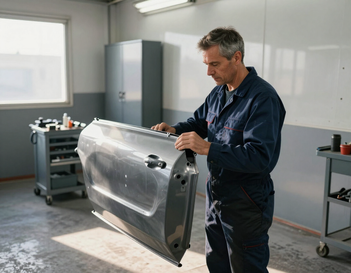 Technician working on a car panel in a clean auto body shop bay