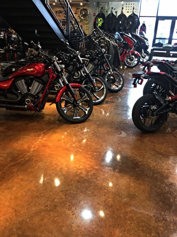 A row of motorcycles are parked in a showroom.