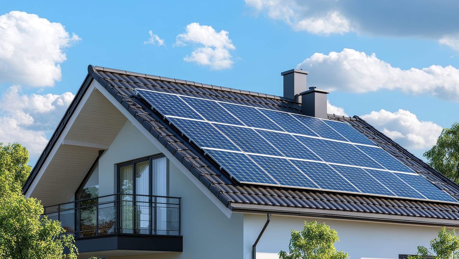 House roof covered with solar panels under a blue sky