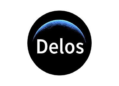 Delos logo on a black circle with a blue arc above the white word “Delos”