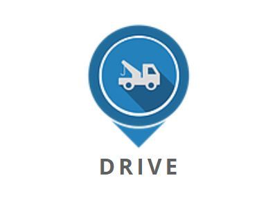 Blue circular tow truck icon above the word “DRIVE” on a white background