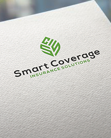 Logo for Smart Coverage Insurance Solutions on textured white paper, with green icon and black text