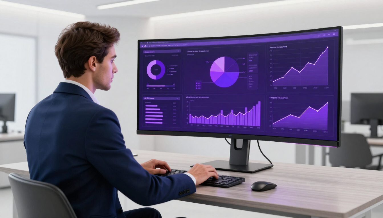 Business owner reviewing expense analytics on large curved monitor