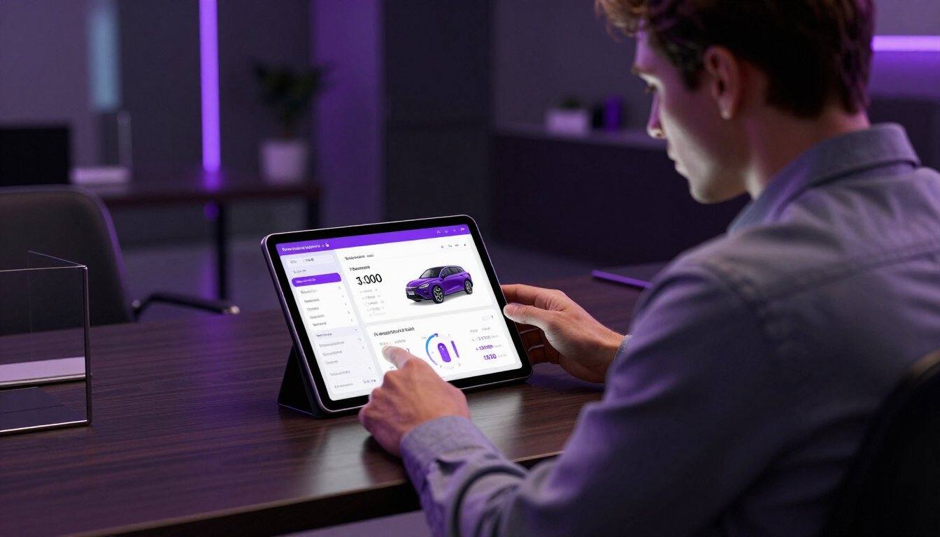 Client reviewing auto loan dashboard on tablet