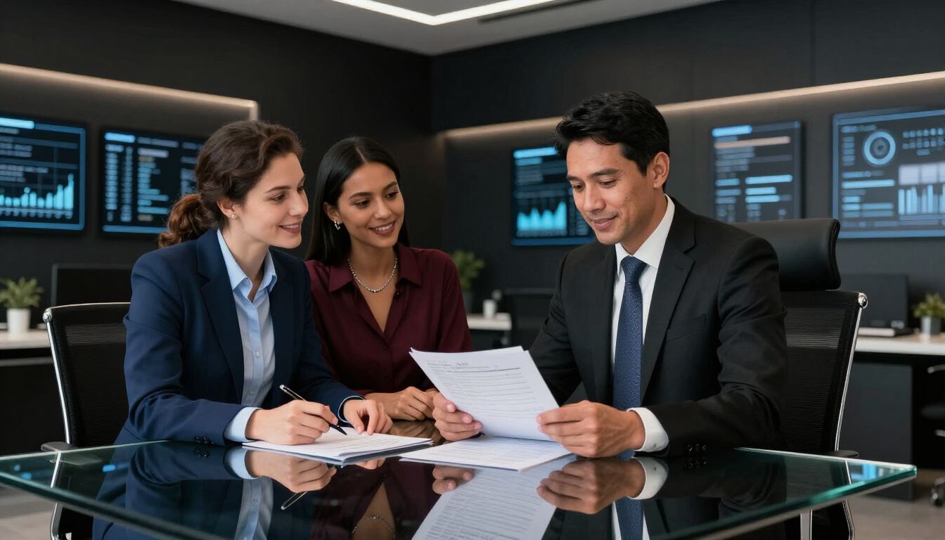 Financial advisor meeting with clients in a modern dark office