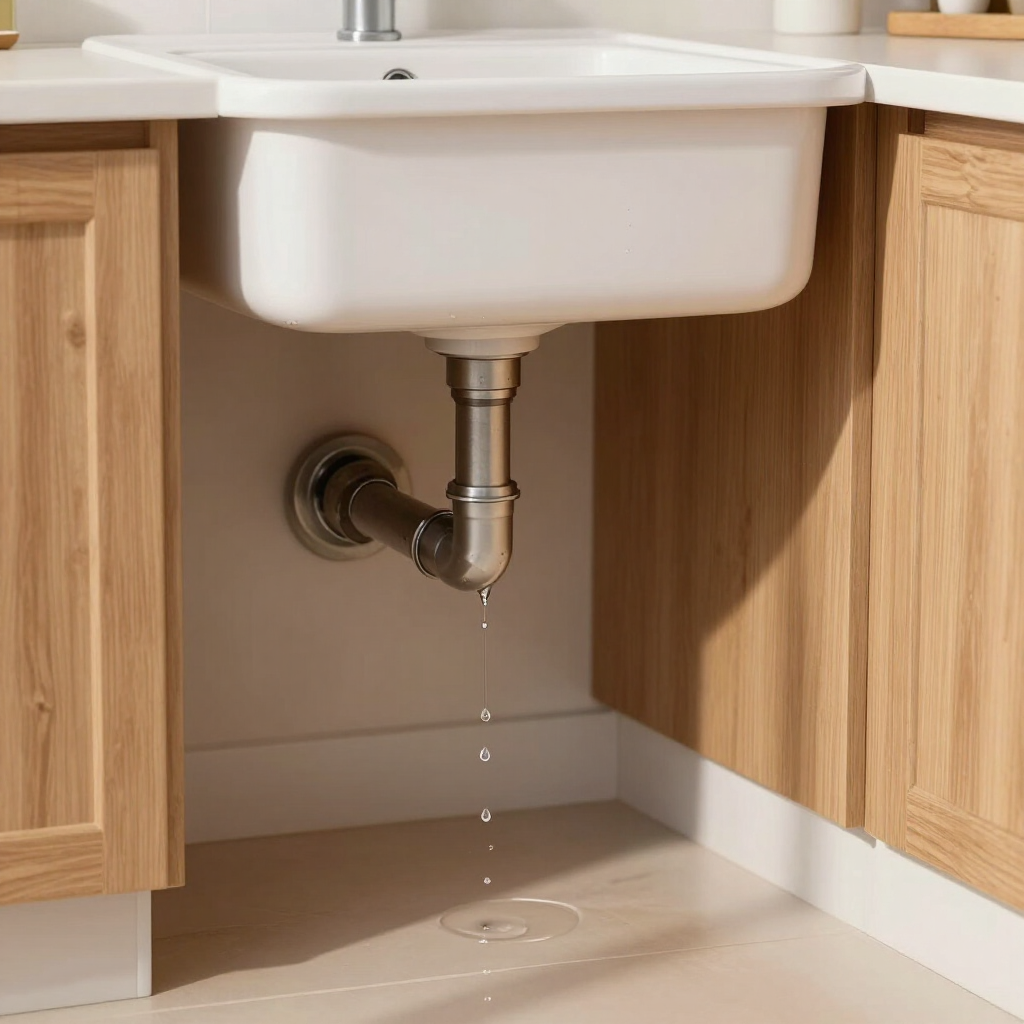 Leaky under-sink drain pipe dripping onto a kitchen floor under a white sink