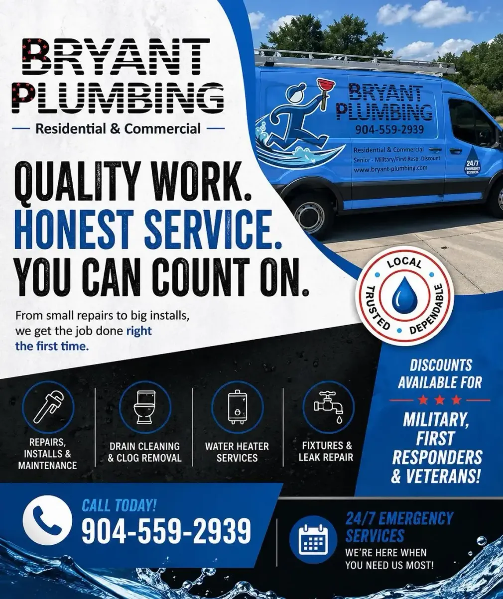 Bryant Plumbing ad with blue service van and text: “Quality work. Honest service. You can count on.”