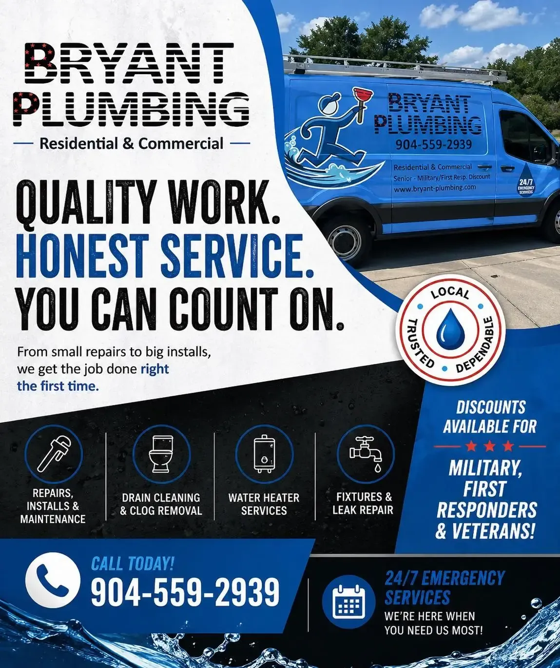 Bryant Plumbing ad with blue service van, bold “Quality Work. Honest Service.” and phone number 904-559-2939