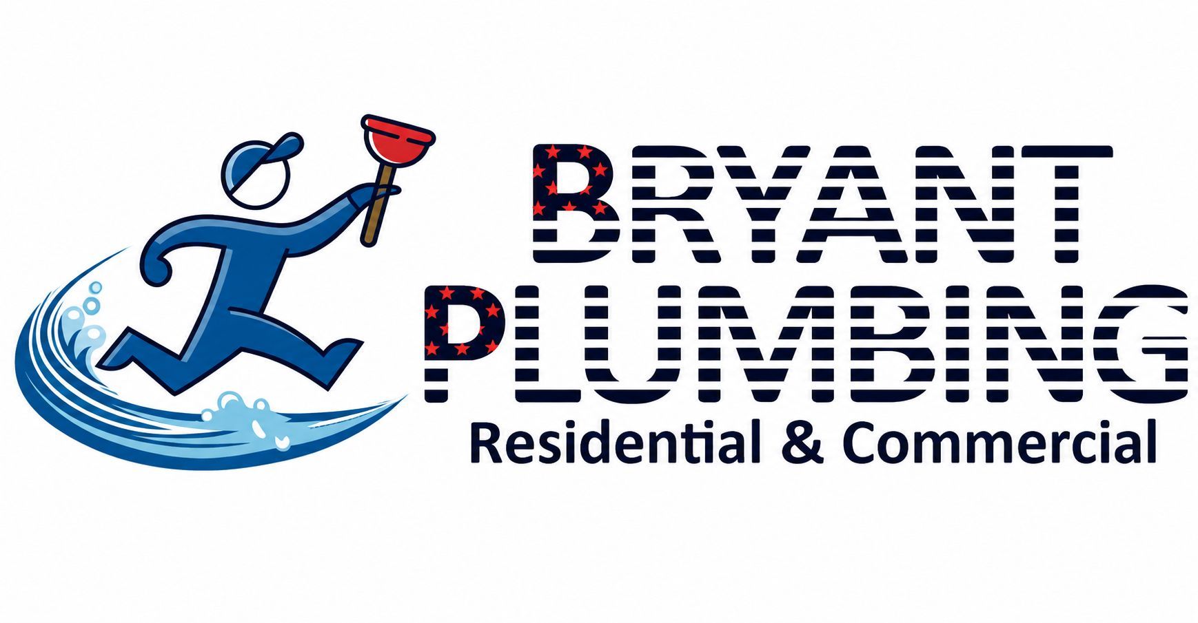 Bryant Plumbing logo with blue plumber graphic and red/black text, &ldquo;Residential & Commercial&rdquo; below