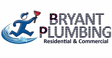 Bryant Plumbing logo with blue plumber graphic and red/black text, &ldquo;Residential & Commercial&rdquo; below