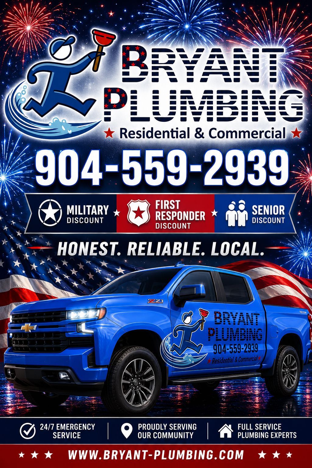 Bryan Plumbing ad with blue truck, fireworks background, and phone number 904-555-2939