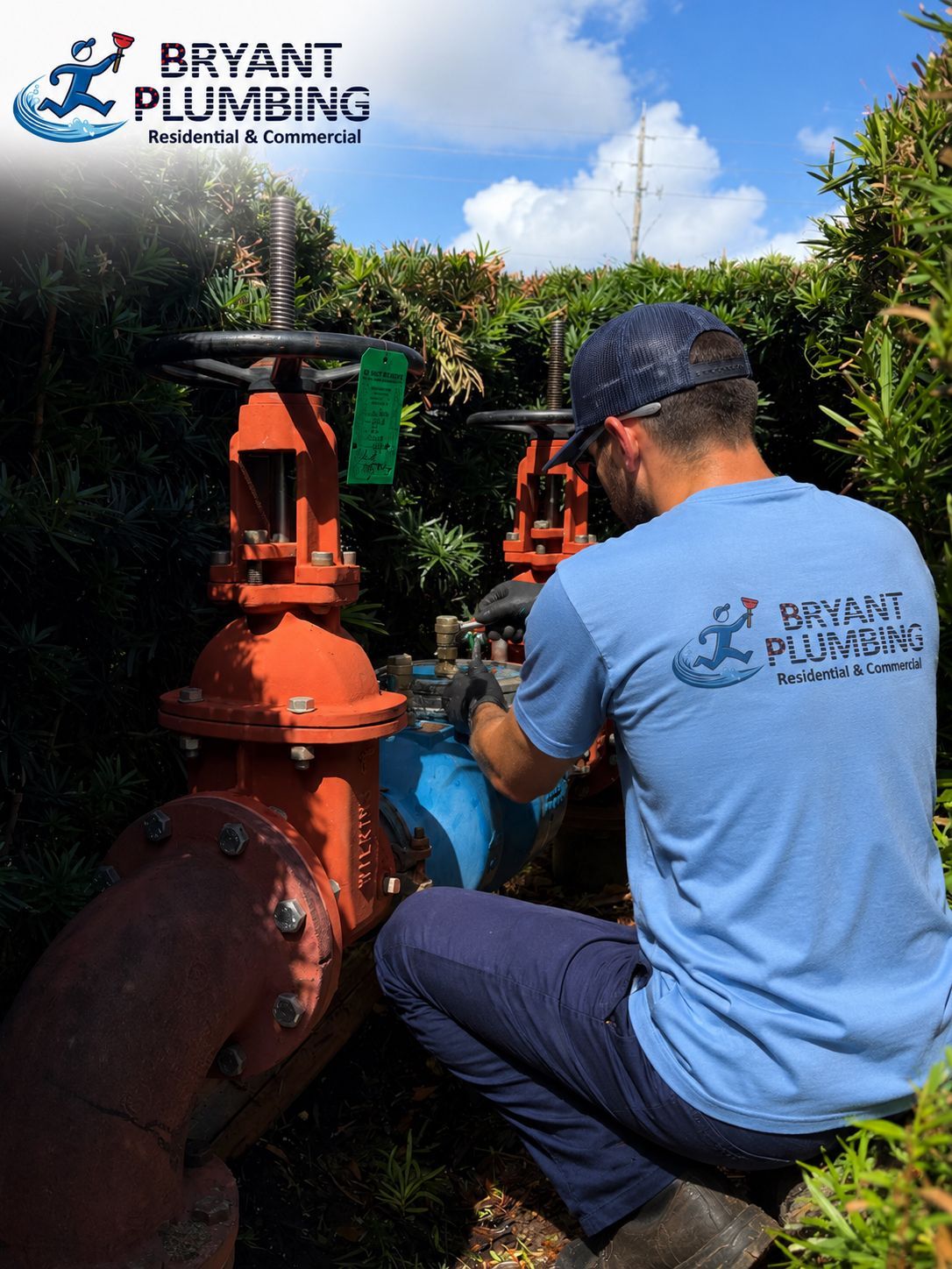 Plumber in blue shirt inspecting red fire hydrants outdoors beneath a Bryant Plumbing logo