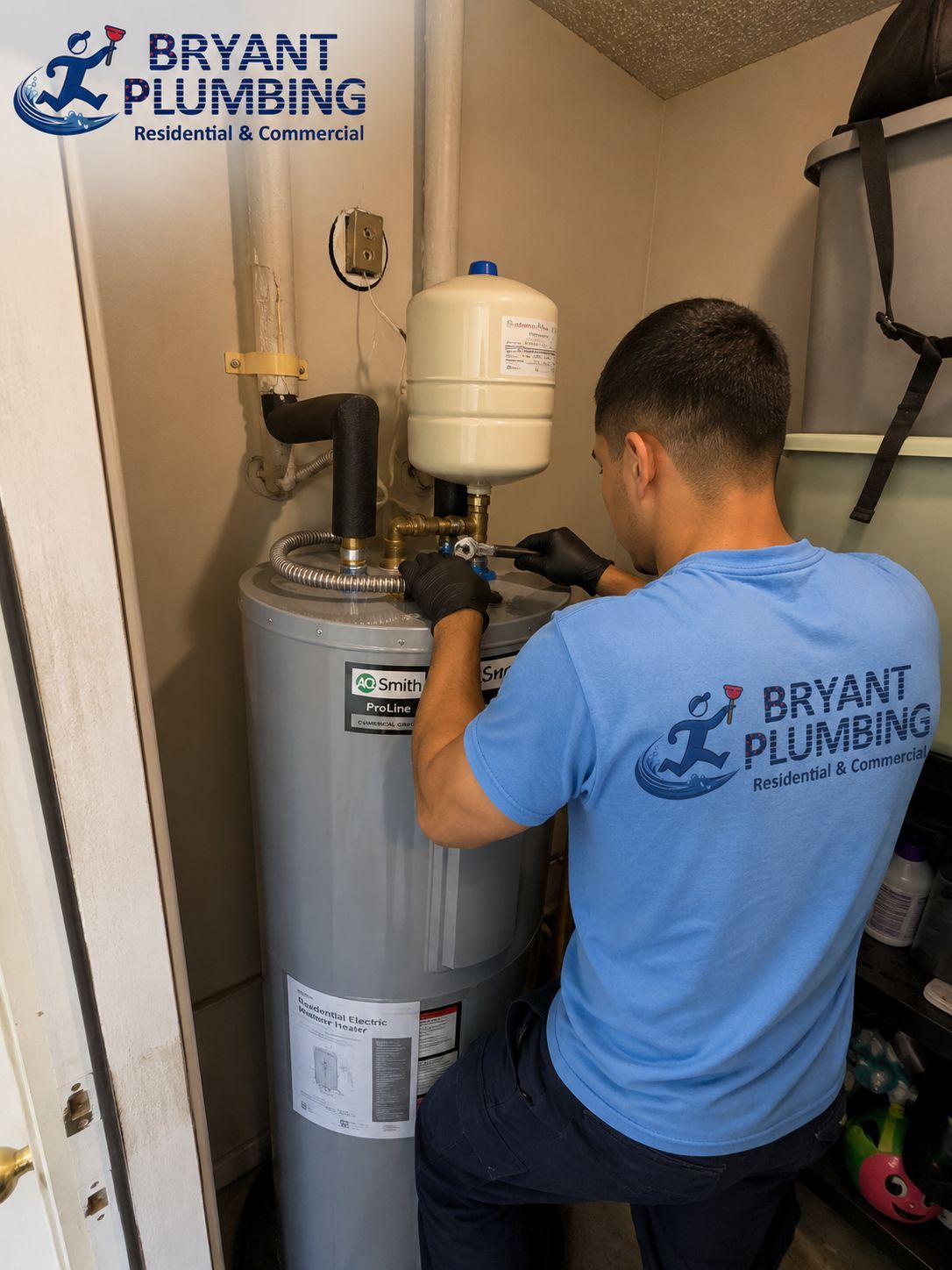 Plumber in blue shirt servicing a water heater in a small utility closet