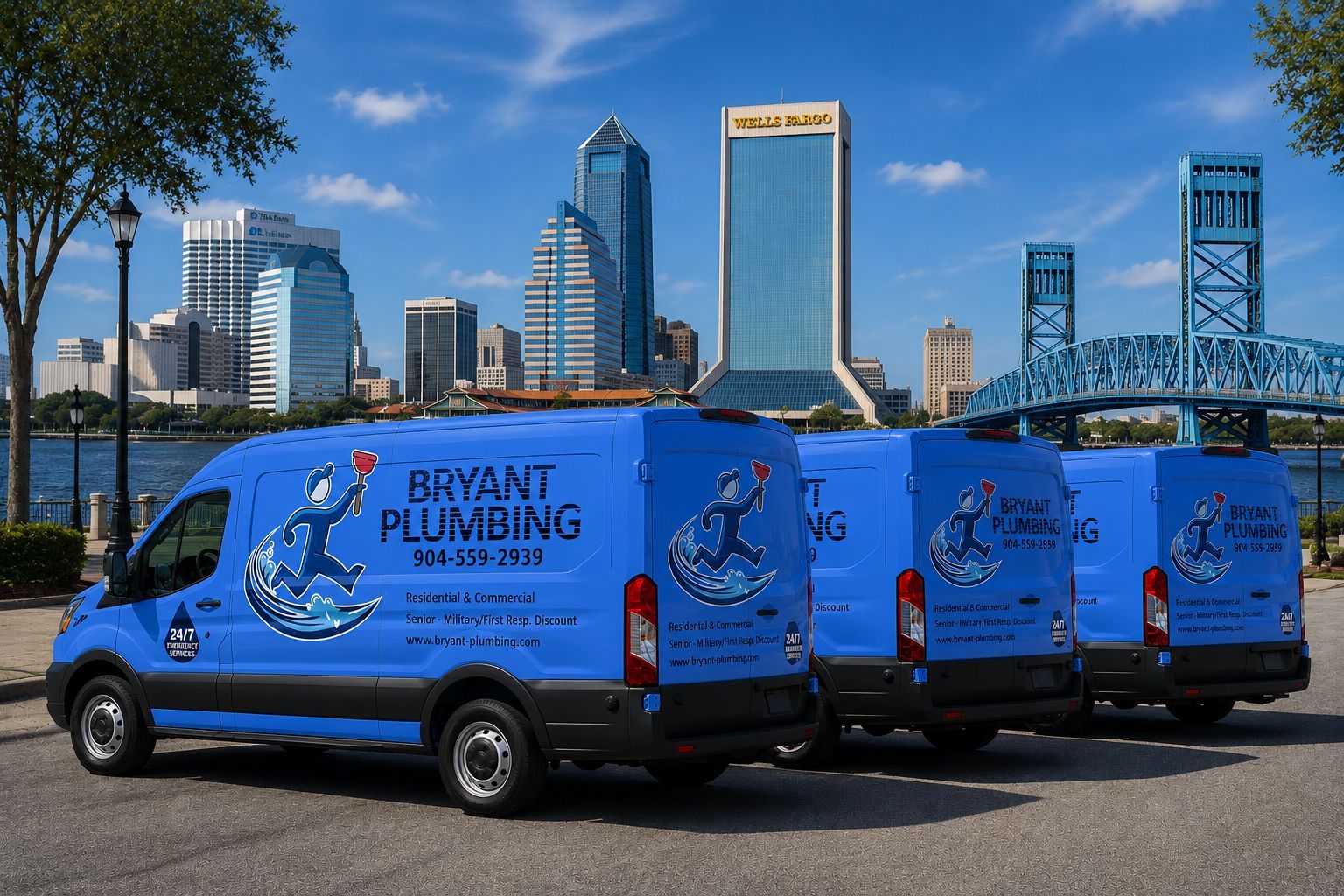 Blue Bryant Plumbing vans parked by a riverfront skyline and bridge on a sunny day