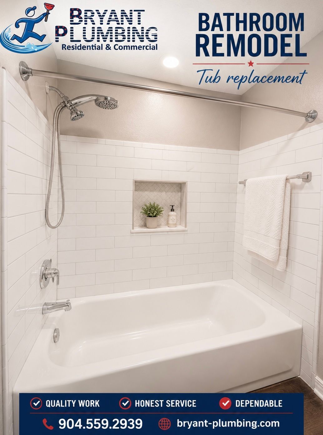 Bathroom remodel ad showing a white tiled tub-shower with rain shower and vanity branding.