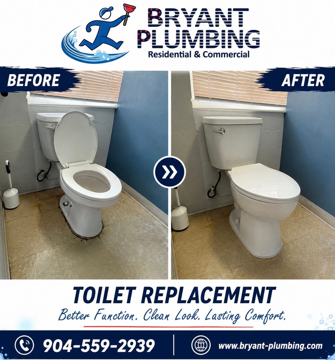 Before-and-after bathroom toilet replacement by Bryant Plumbing, showing old and new white toilets.