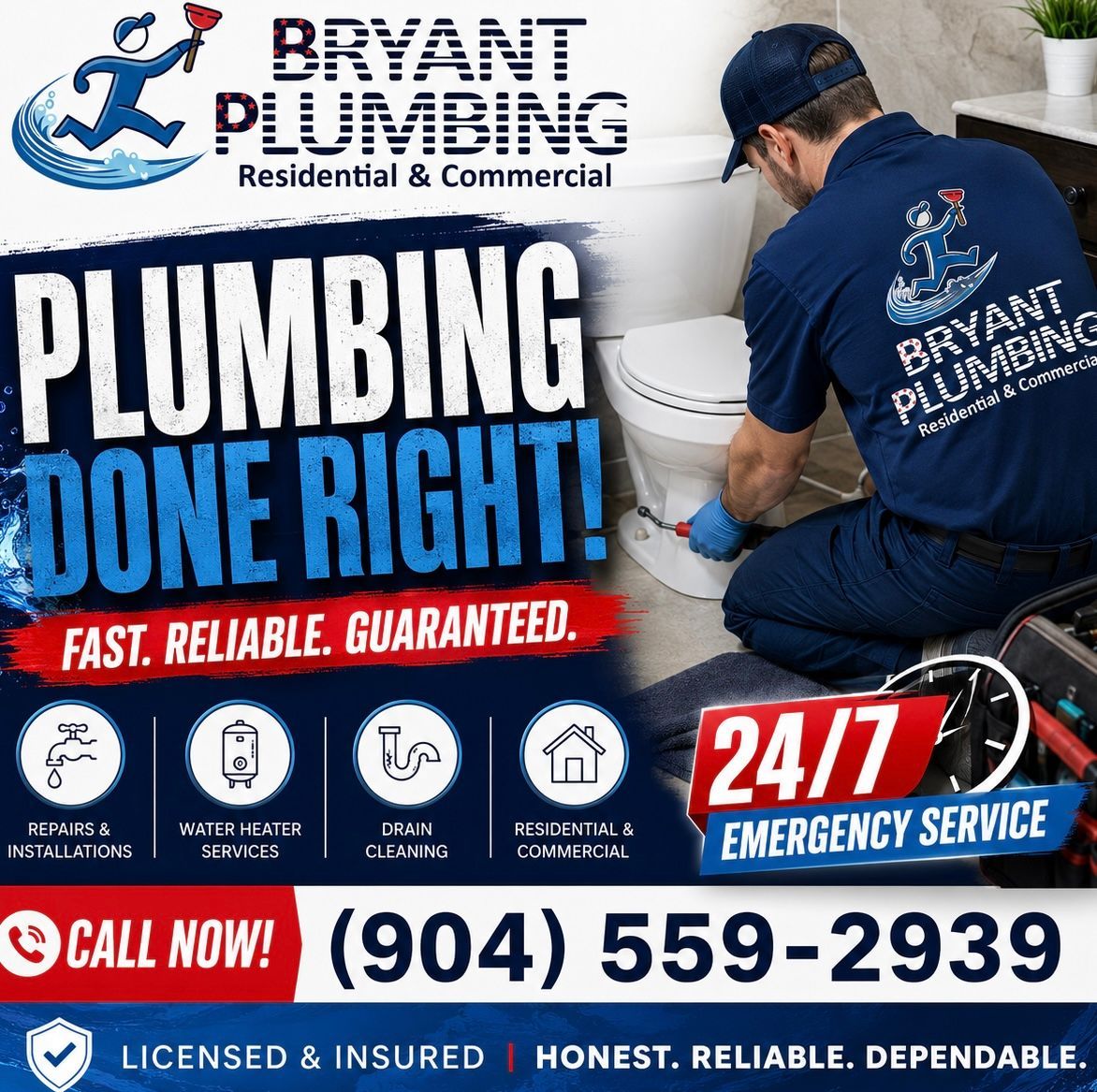 Bryant Plumbing ad with plumber working, “Plumbing Done Right,” 24/7 emergency service, phone 904-559-2939