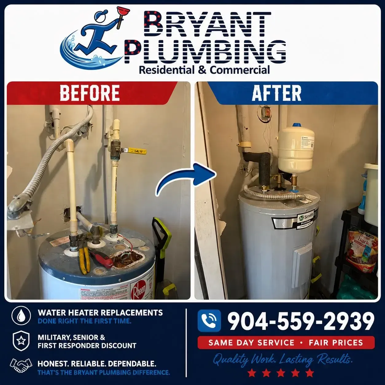 Bryant Plumbing ad showing before-and-after water heater replacement in a utility room.