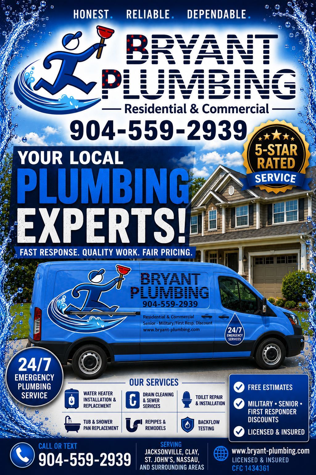 Bryant Plumbing ad with blue service van, logo, phone number, and 24/7 residential plumbing services.