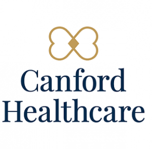 Canford Healthcare logo: gold interlocking hearts above blue text "Canford Healthcare."