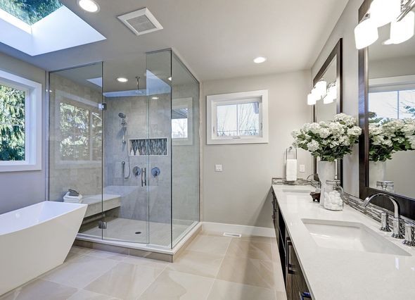 Modern bathroom featuring a glass shower