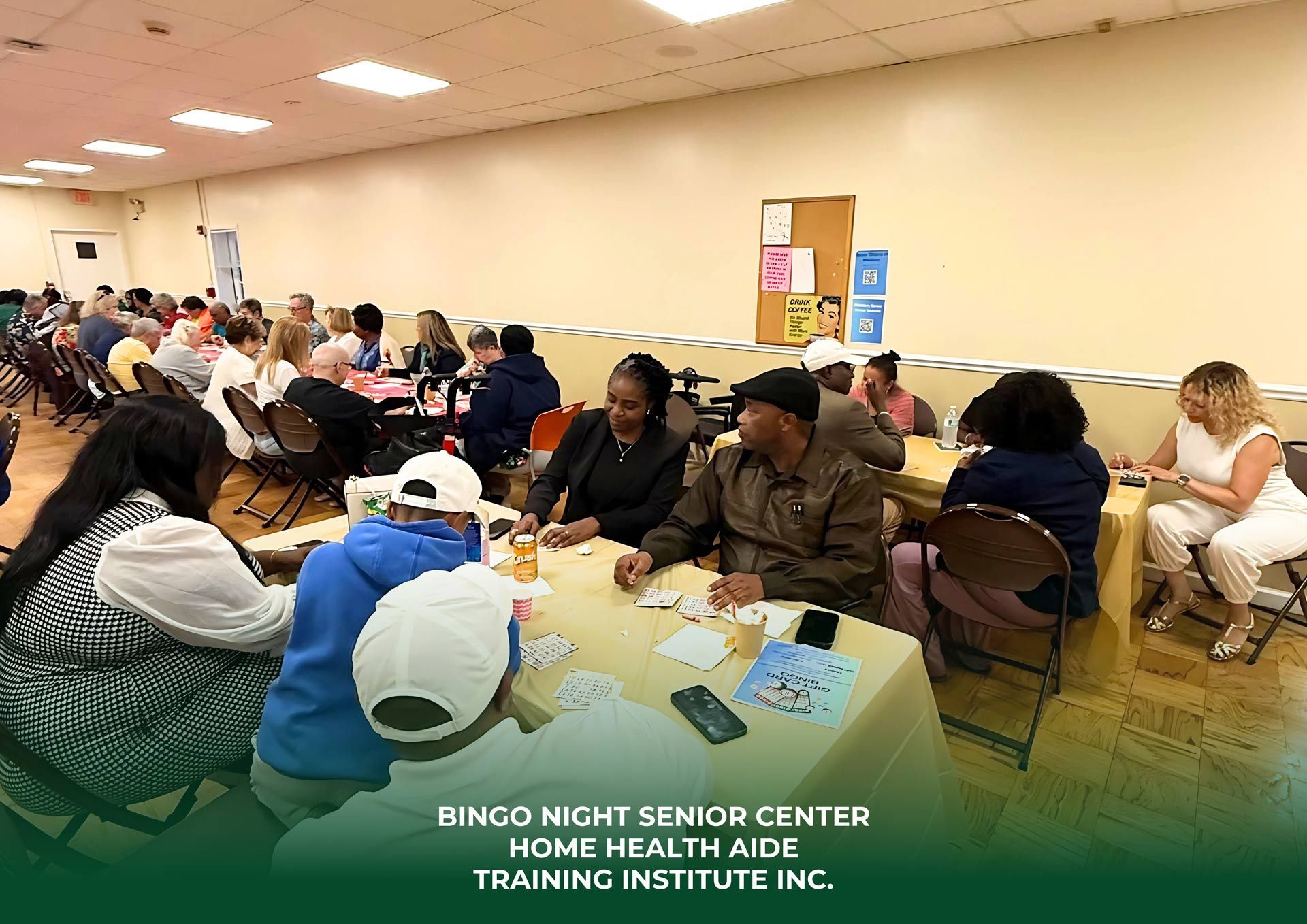A group of people seated at tables in a brightly lit room for a bingo event hosted by a home health aide training center.