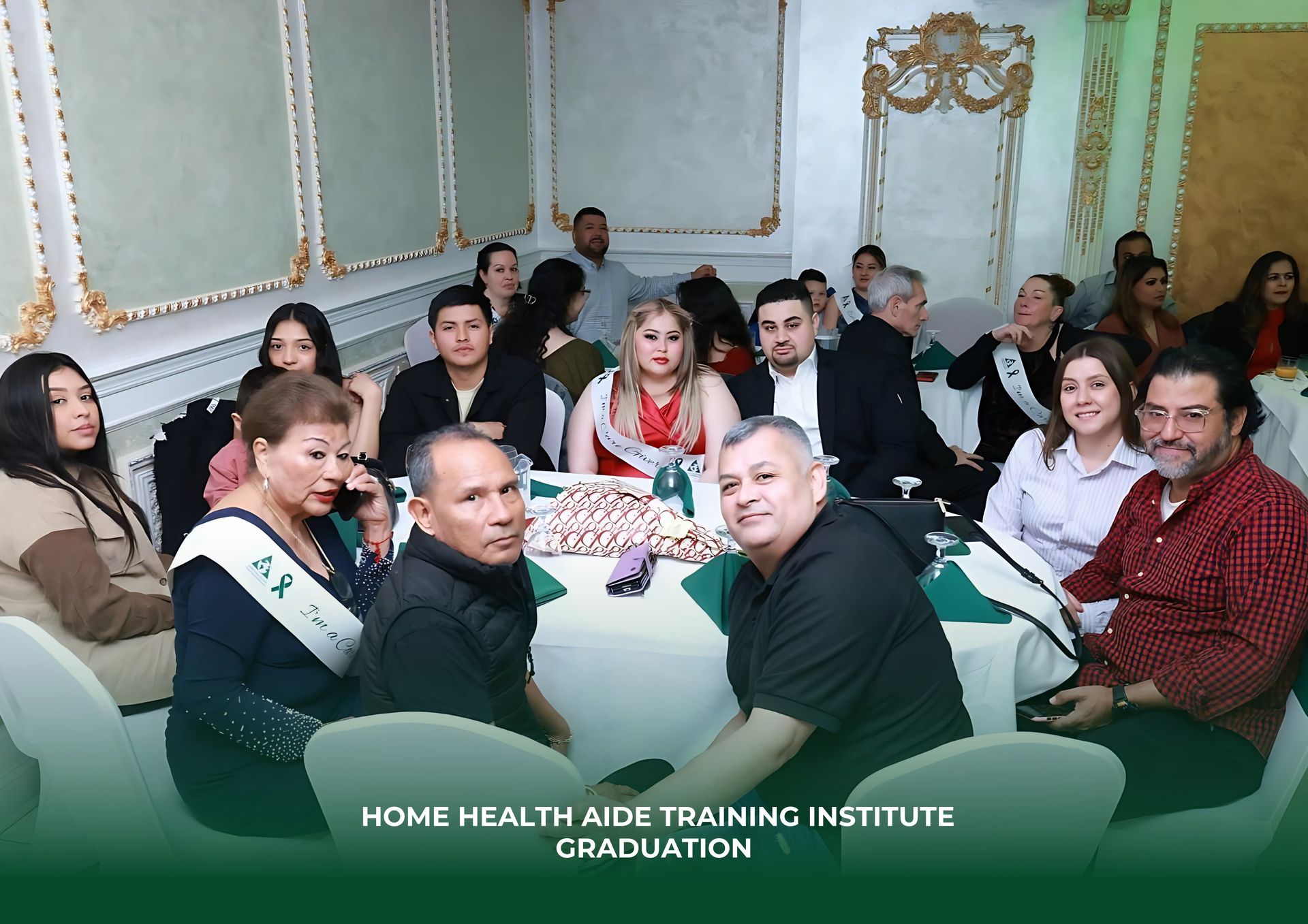 A group of people sitting at tables during a Home Health Aide Training Institute graduation ceremony.