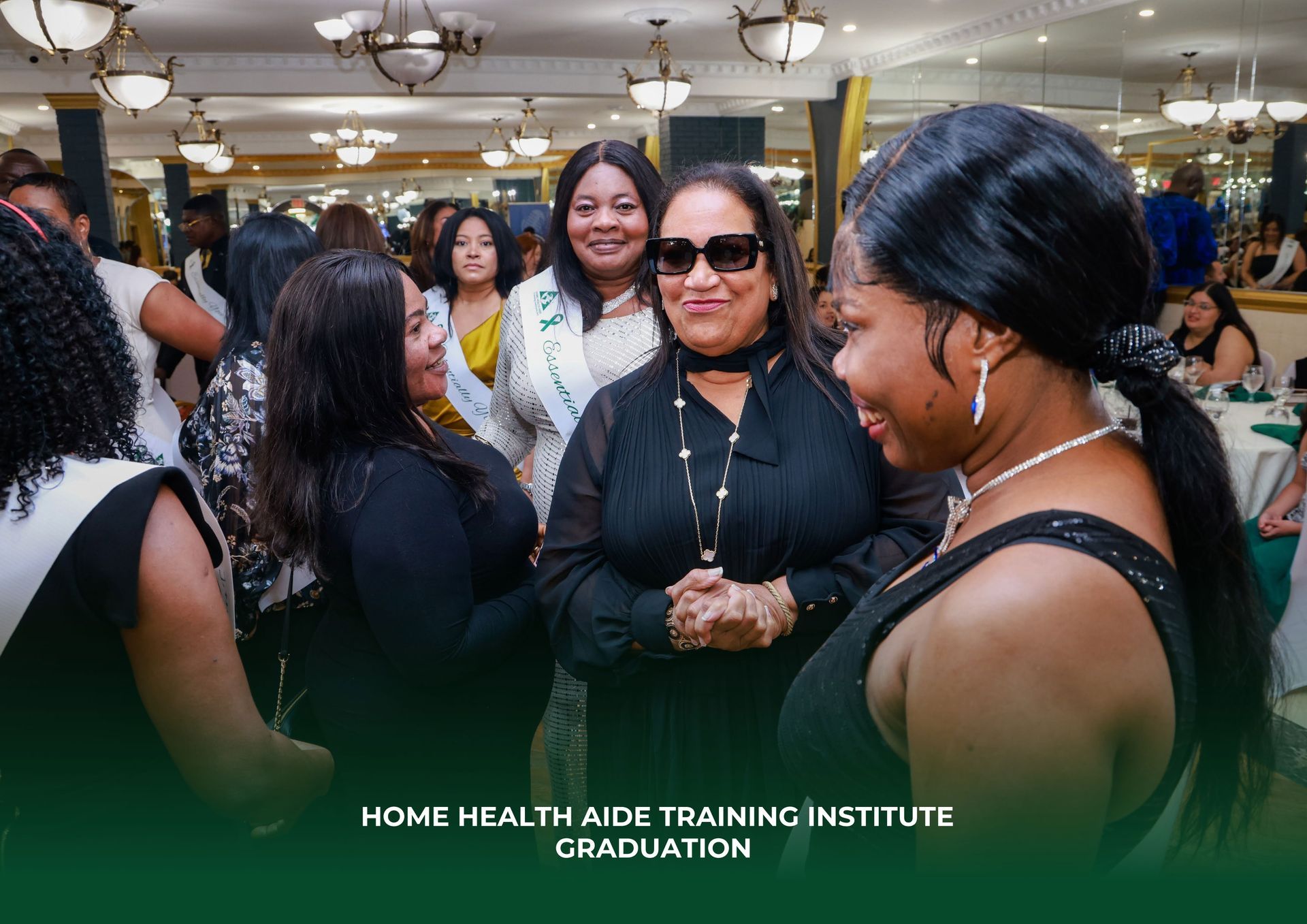 Attendees at a Home Health Aide Training Institute graduation gathered in an elegant hall for a celebration.