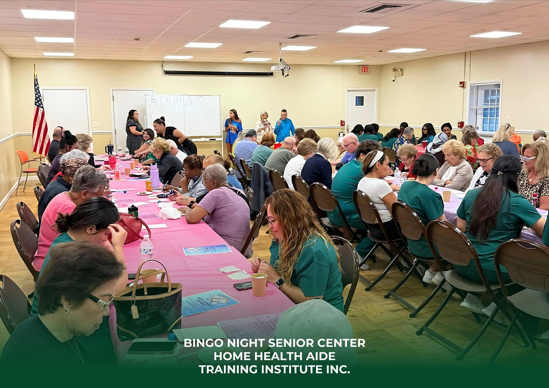 A bingo night held at the Home Health Aide Training Institute, with participants seated at tables in a brightly lit room.