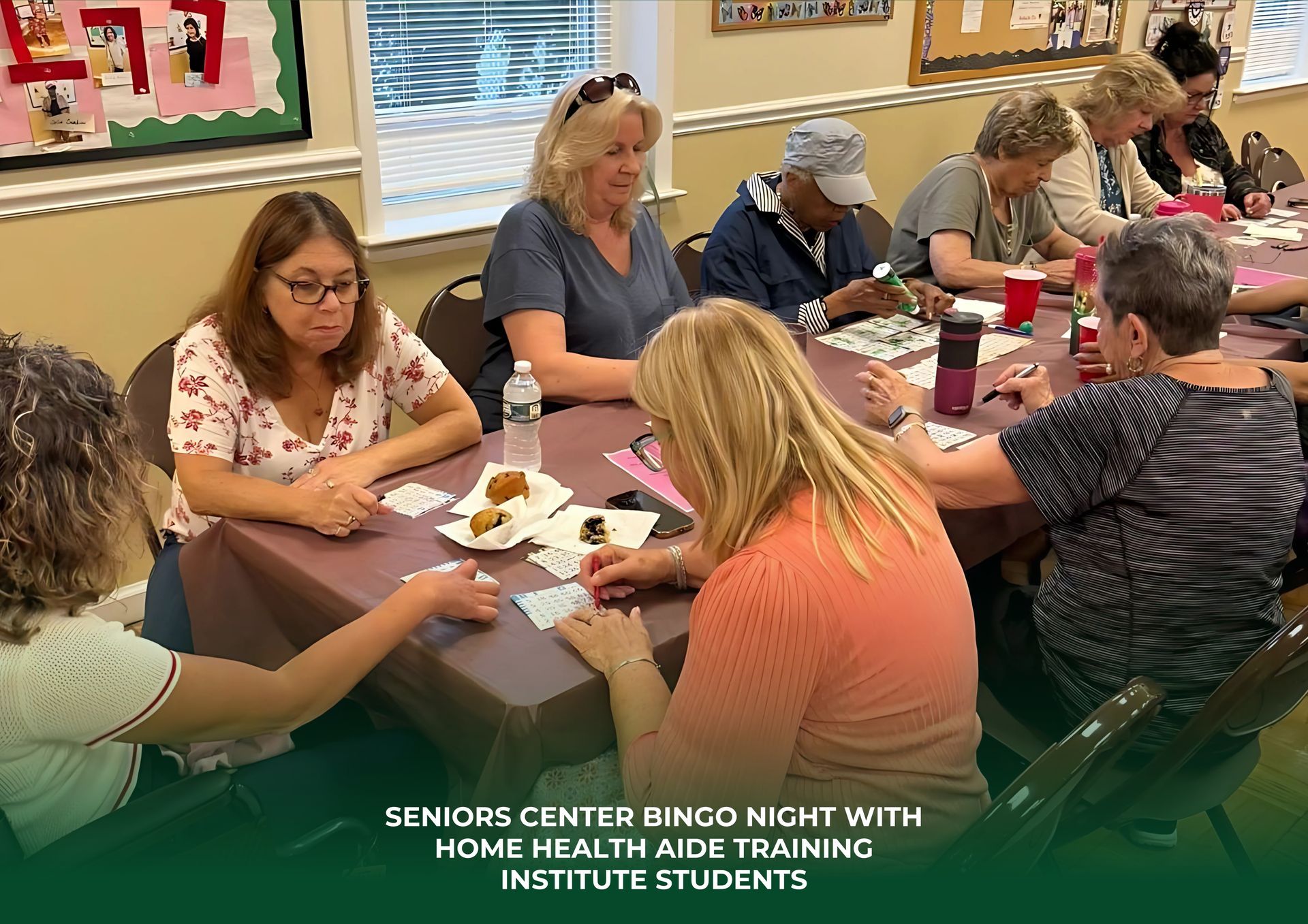 A group of people sit around a table playing bingo at a community center during a Home Health Aide training event.