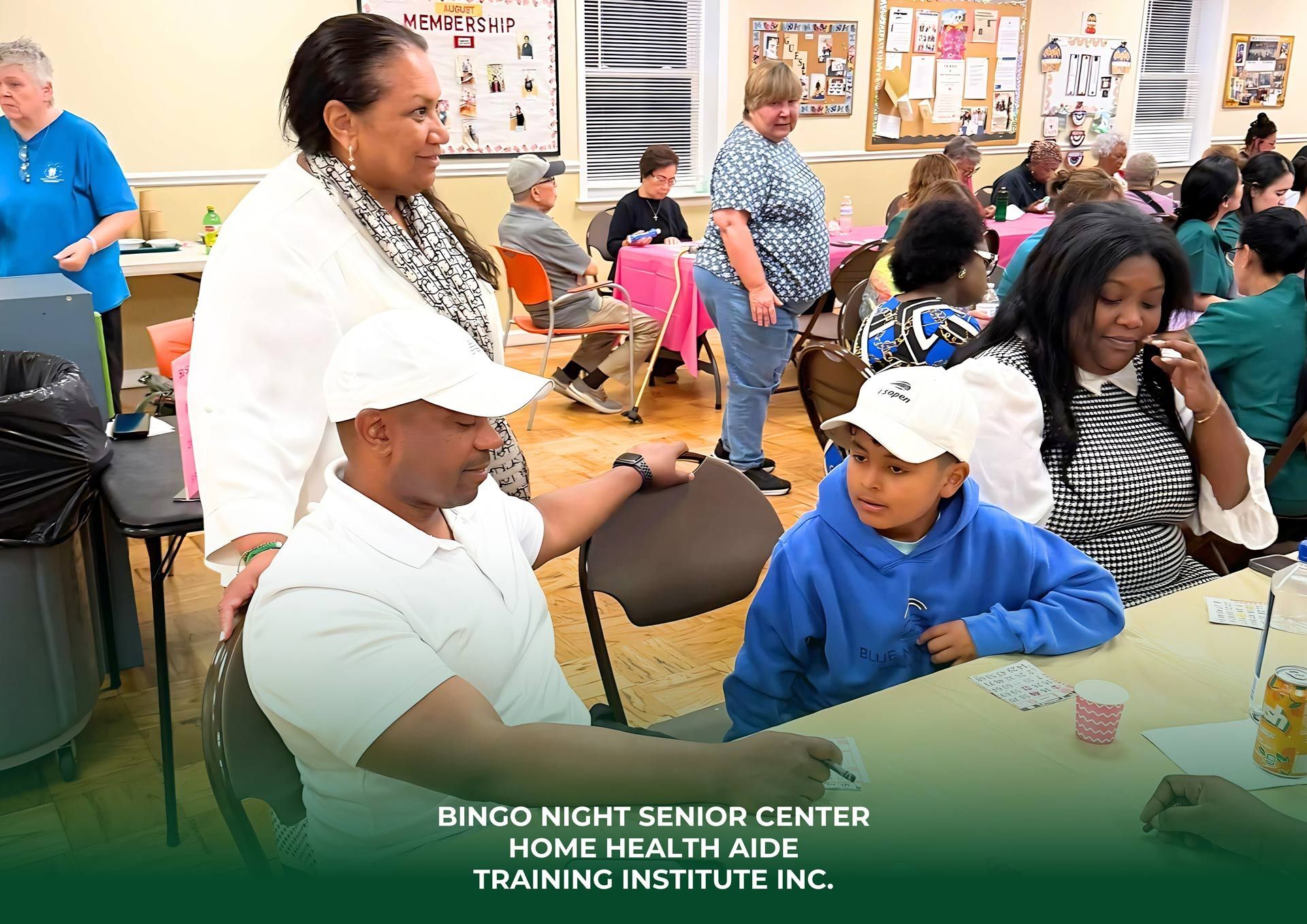 People play bingo in a community room with tables and chairs, under a sign for a Home Health Aide Training Institute.