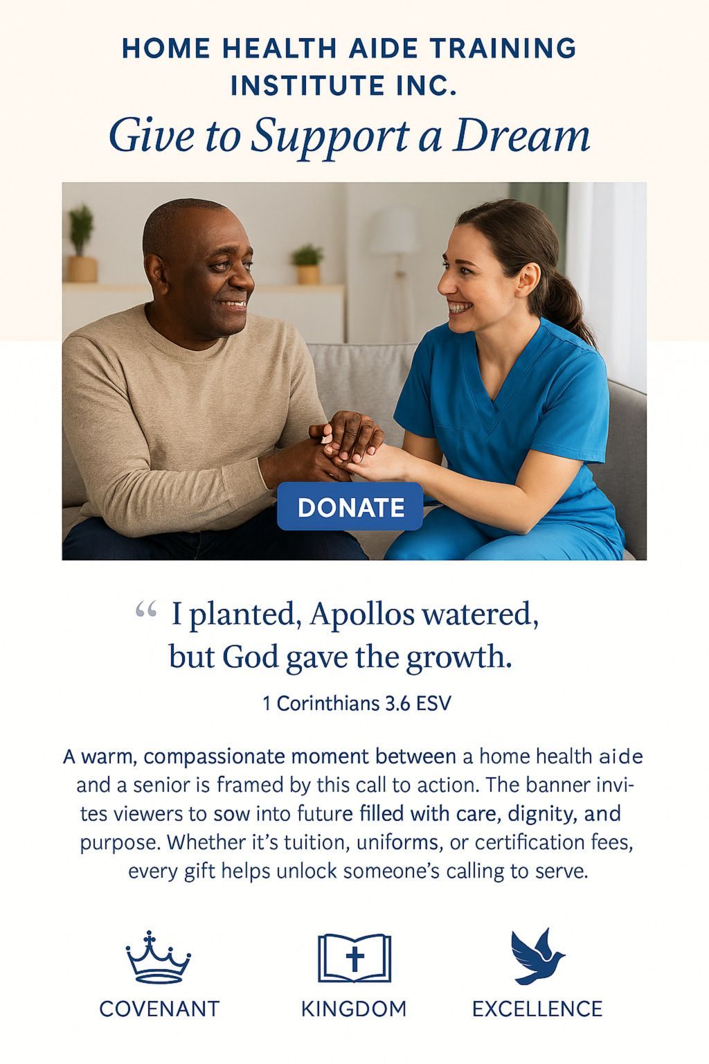 A donation appeal for a home health aide training institute featuring a care worker comforting an individual.