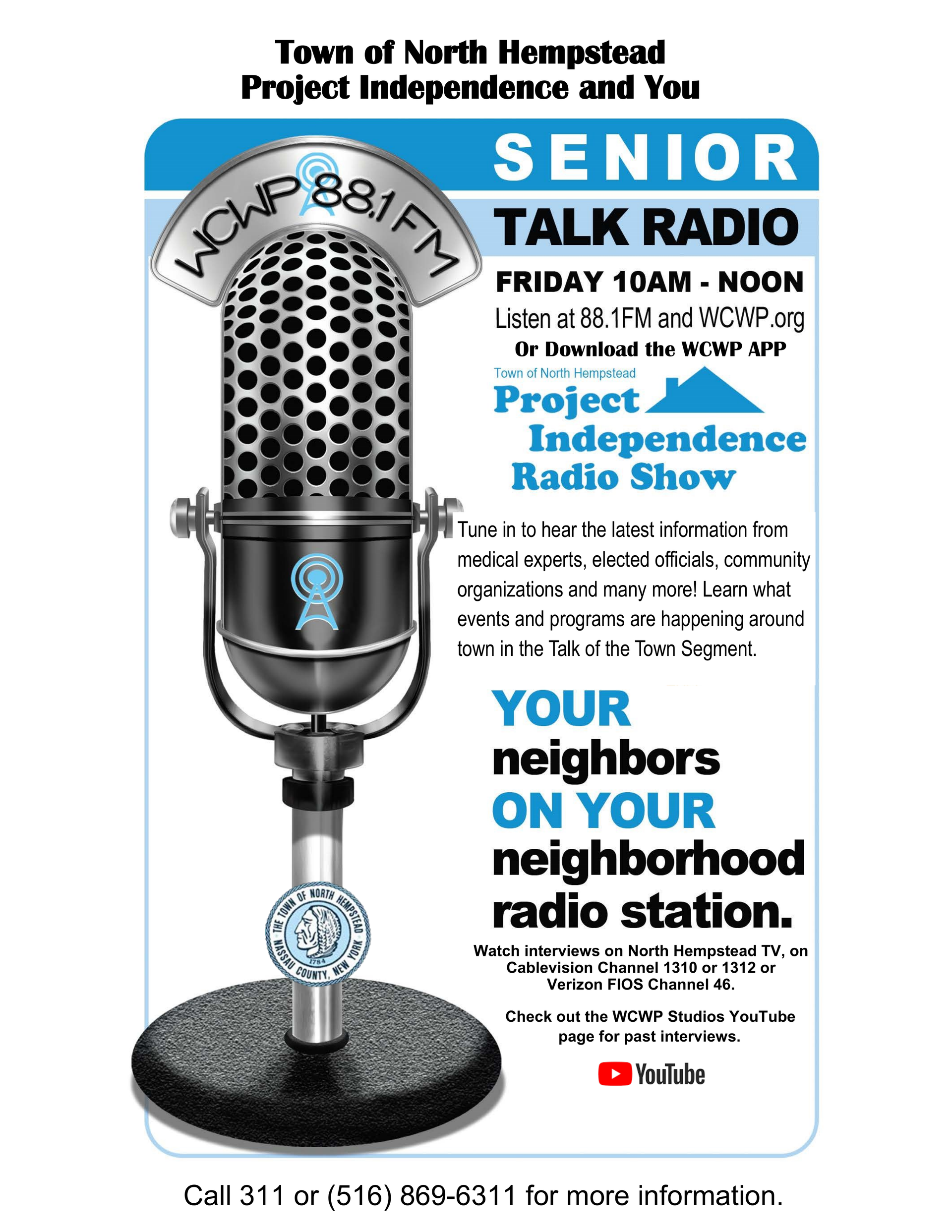 Flyer for the Town of North Hempstead's Senior Talk Radio show on WCWP 88.1 FM, featuring a vintage-style microphone.