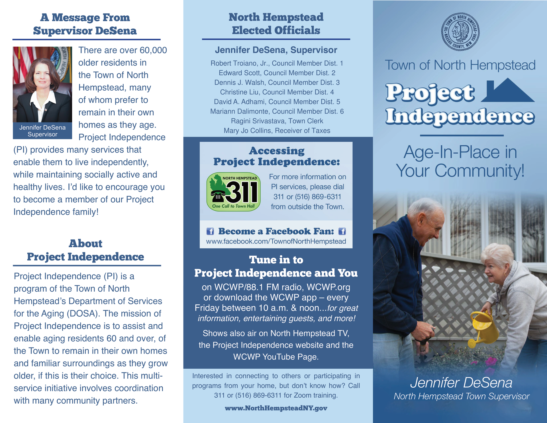 A tri-fold brochure for North Hempstead’s Project Independence, featuring elected official information and program details.