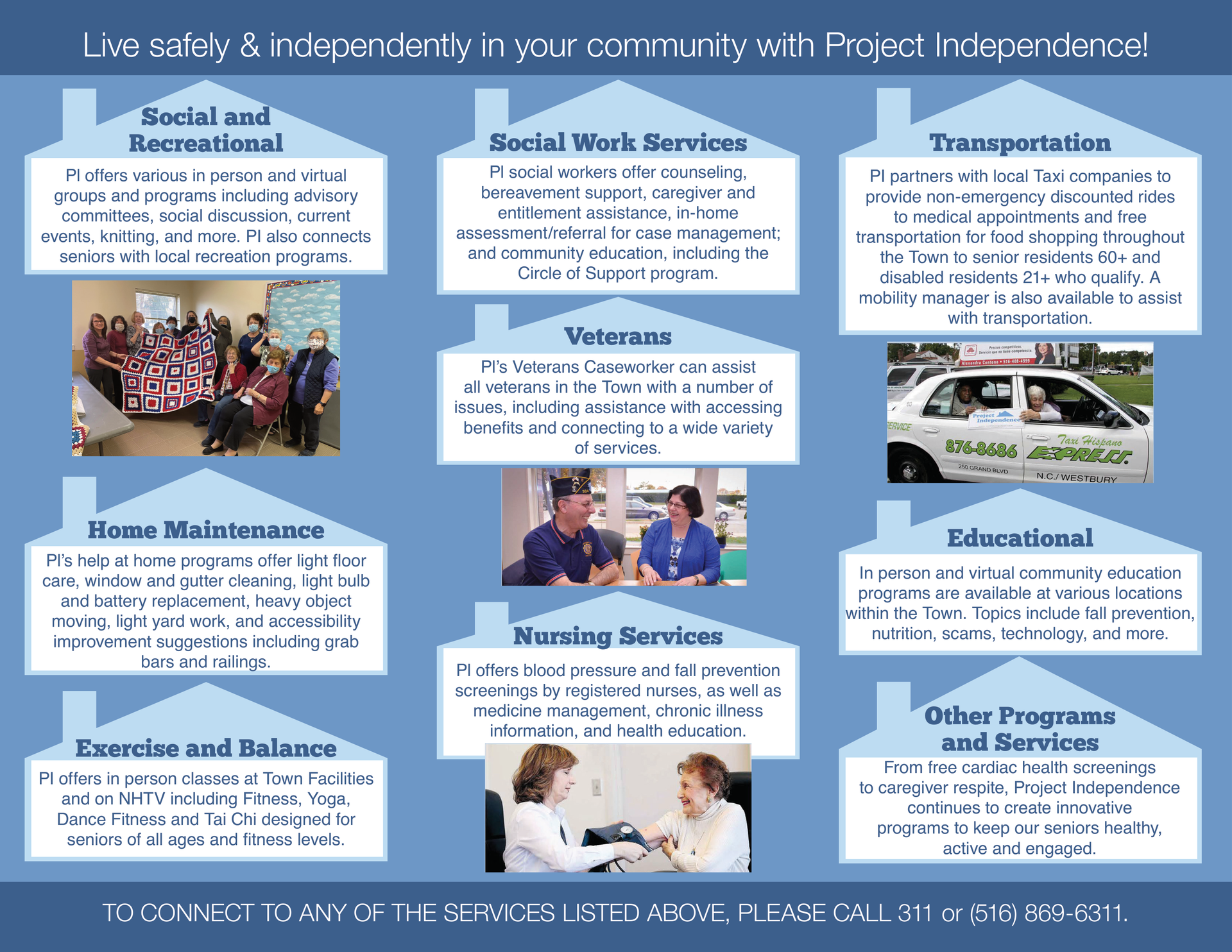 An informational flyer about Project Independence services, outlining categories like transportation, health, and social work.